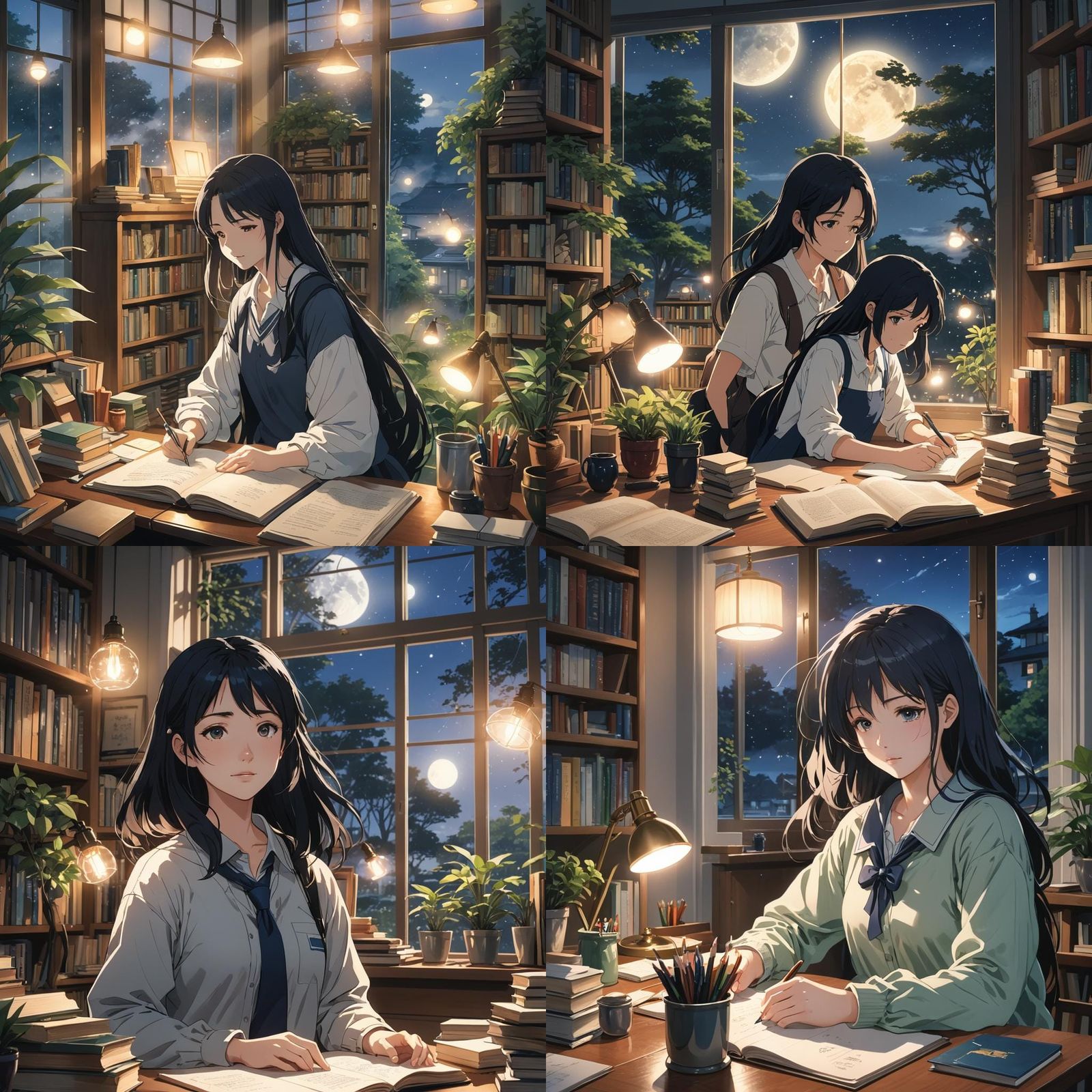 Anime Girl Studying in Cozy Room at Night