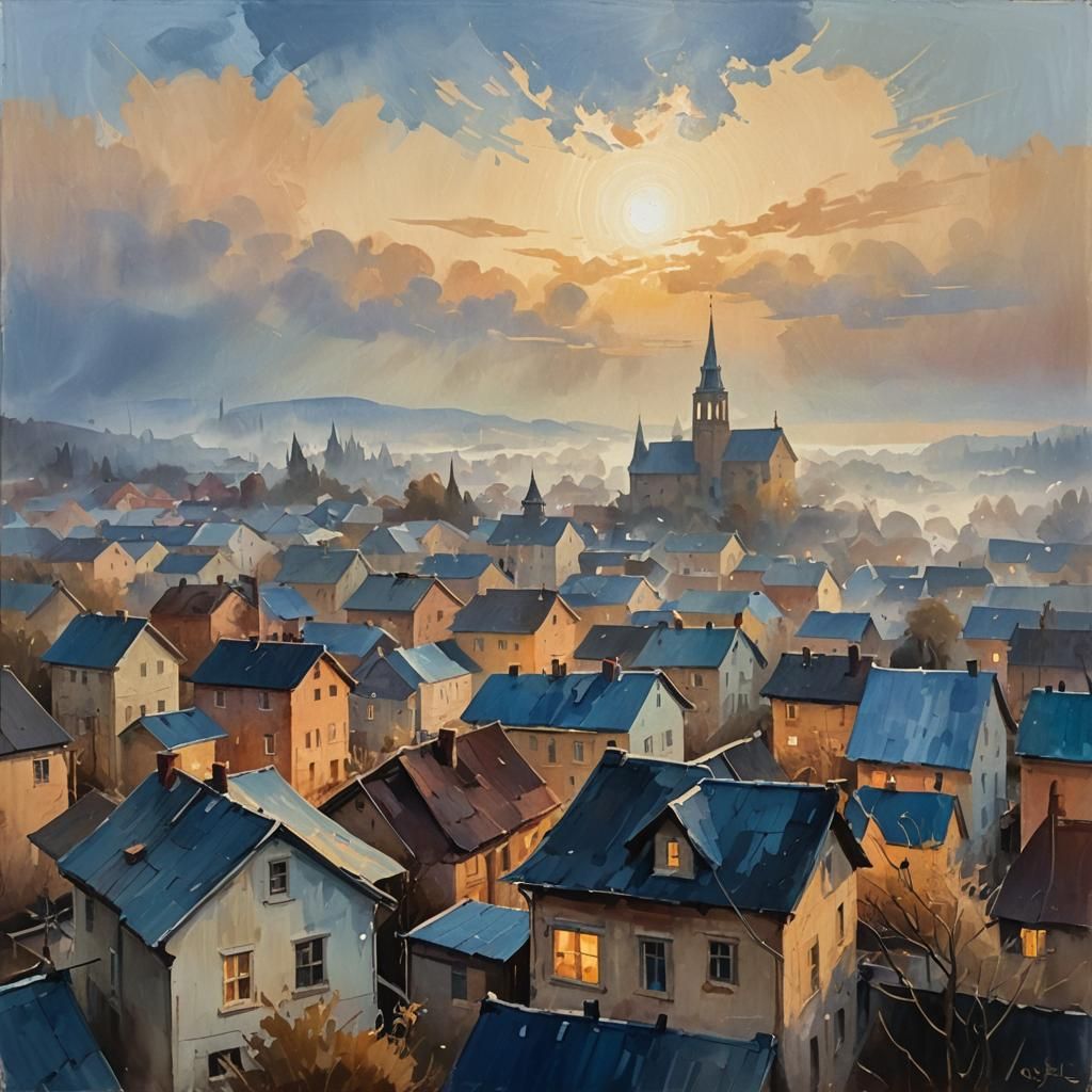 Fog Rolls into Town: Gouache Style Impression