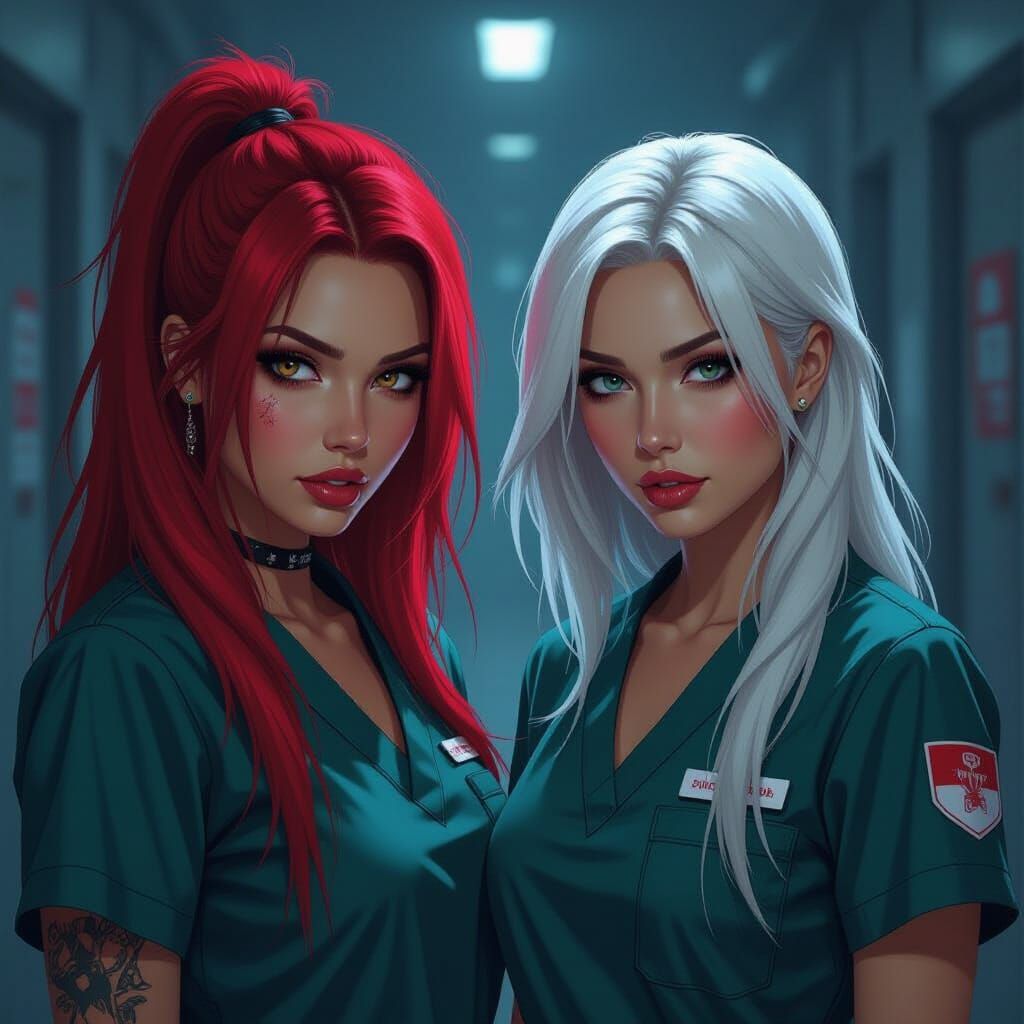 Cyberpunk Noir: Two Killer Nurses in Gritty Scene