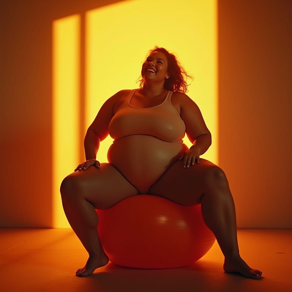 Joyful Plus-Size Woman Bouncing on Yoga Ball