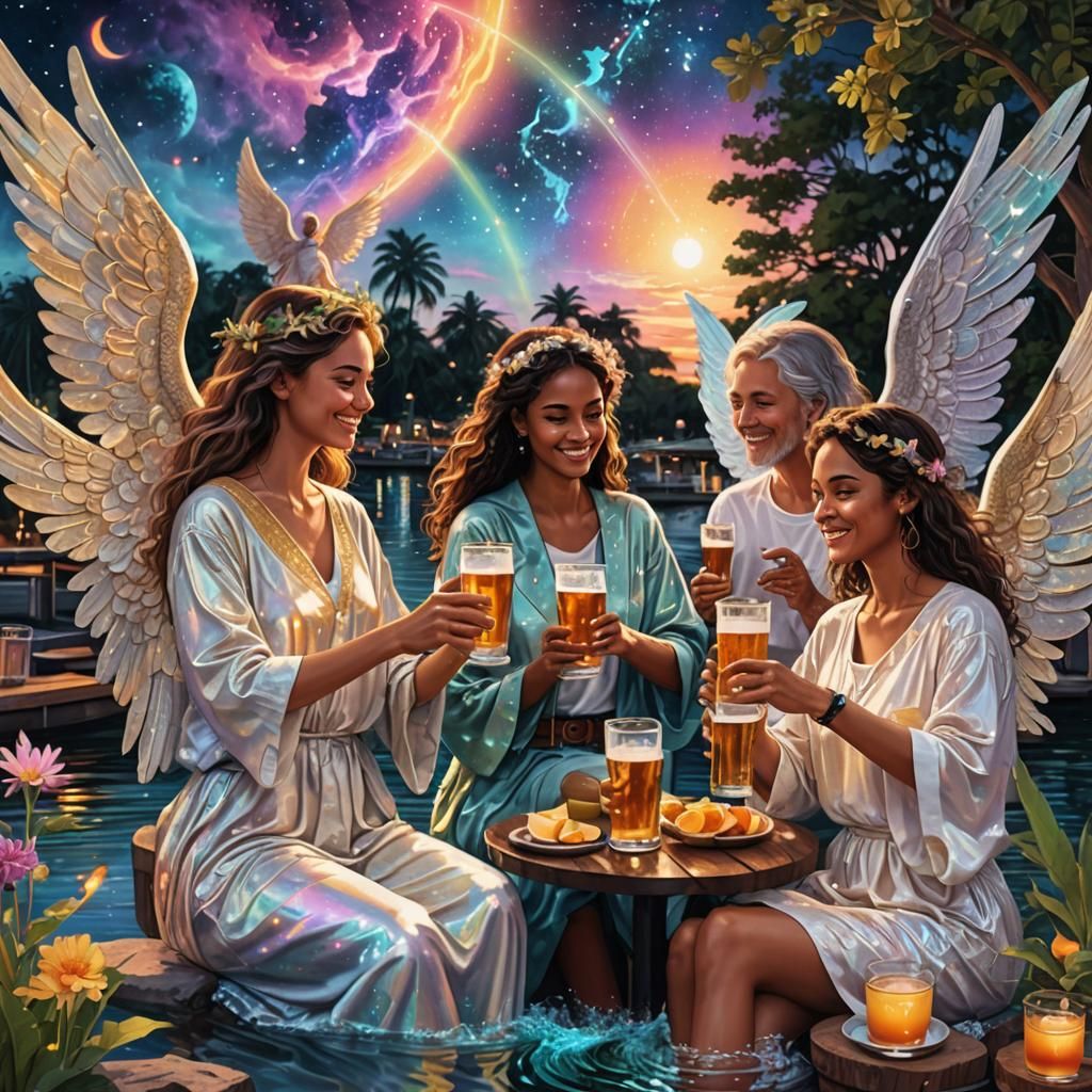Angels and Humans Enjoying Happy Hour, Cosmic Illustration