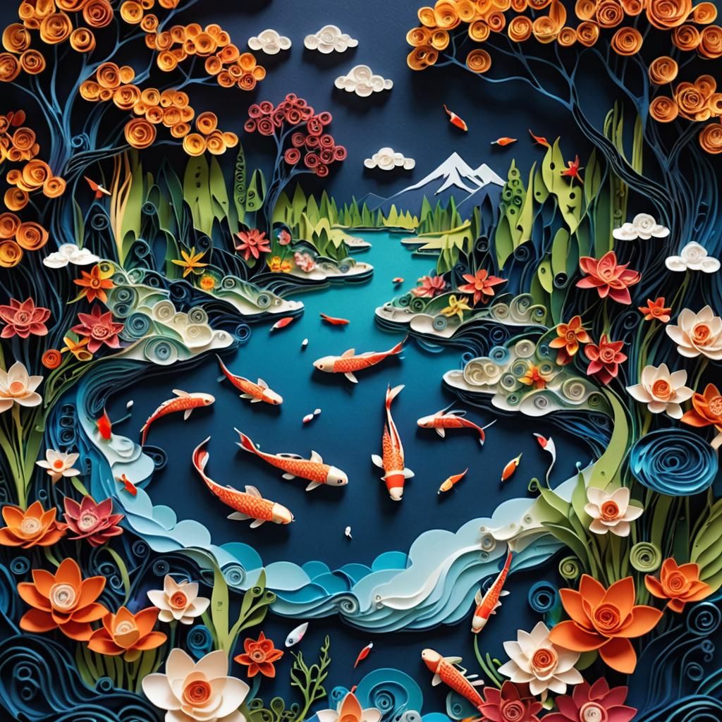 Layered Papercraft of Koi Fish Lake
