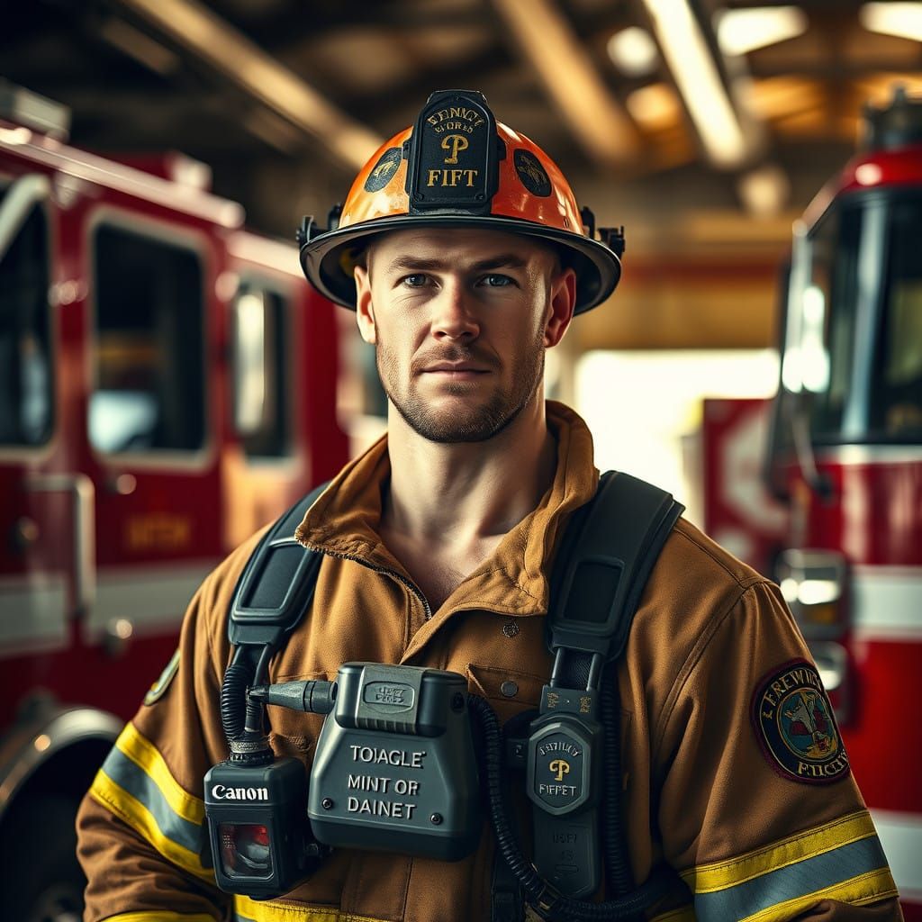 Rugged Firefighter in Fire Station Amidst Red Fire Engines