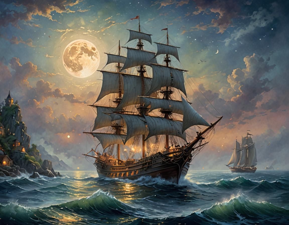 Medieval Sailing Vessel in Calm Sea, Ethereal Style