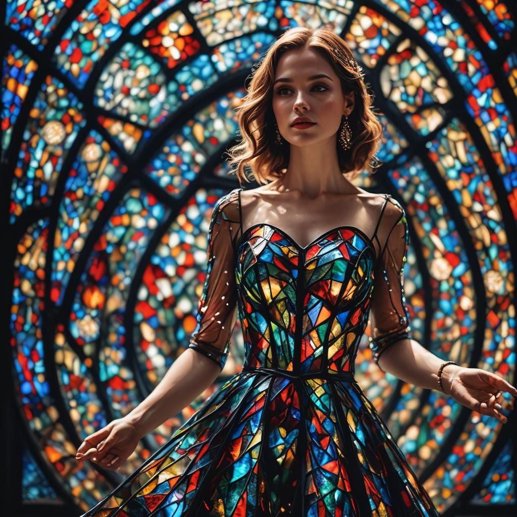 Stunning Stained Glass Dress on Woman, Sharp Focus