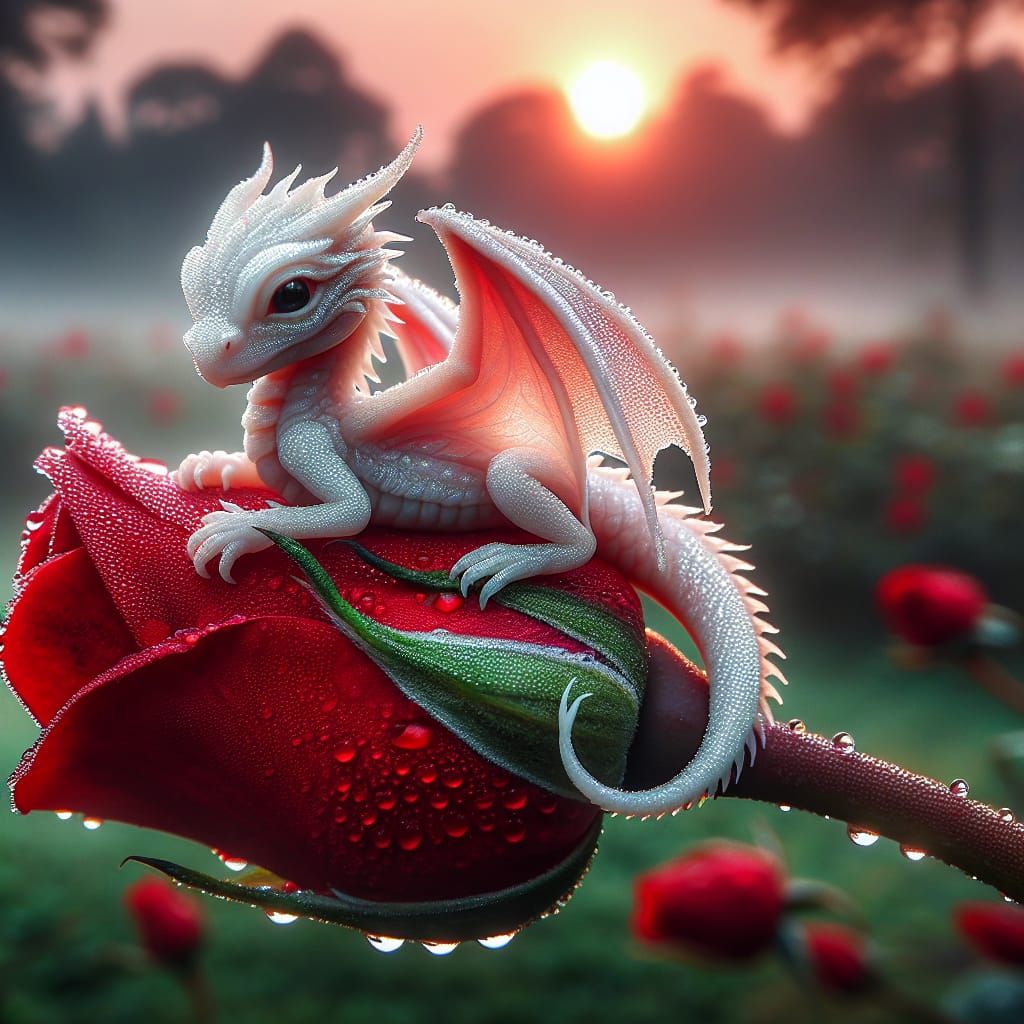 Albino Dragon on Red Rosebud at Dawn