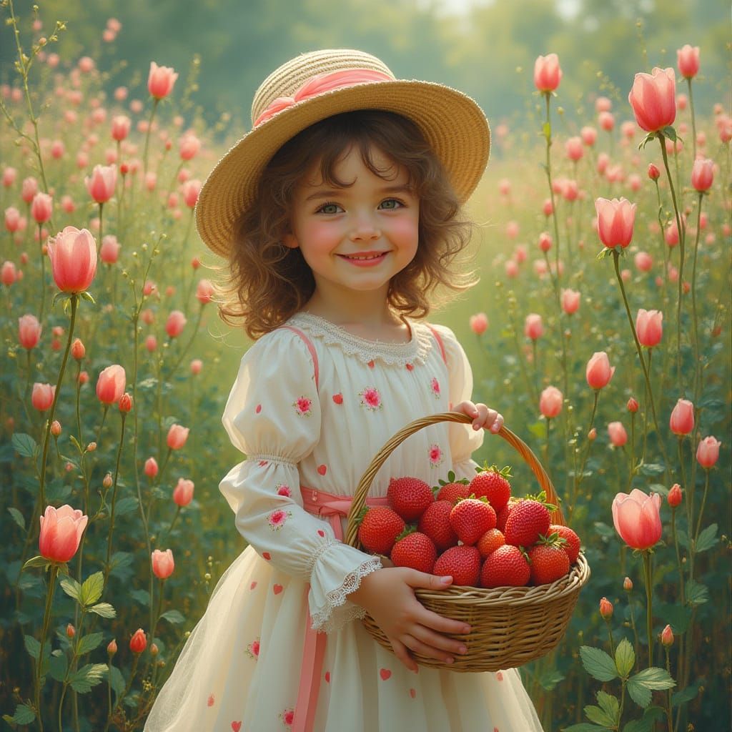 Girl with Strawberries in Impressionistic Style