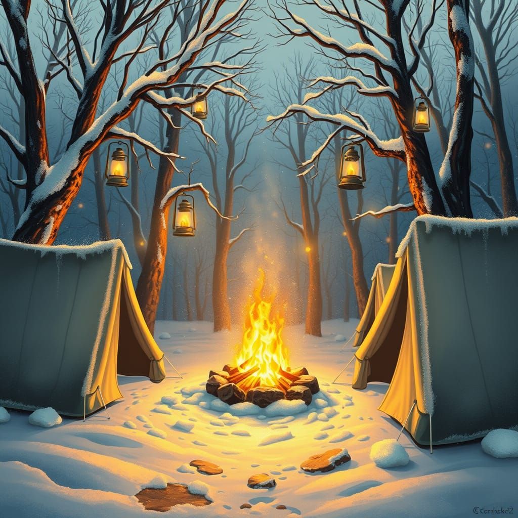 Cozy Winter Campsite Scene in Whimsical Style