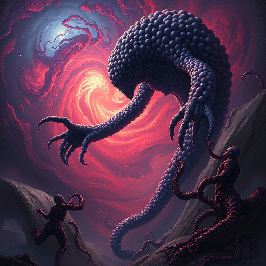 Cosmic Grape Humanoid Warps Space in Matte Painting