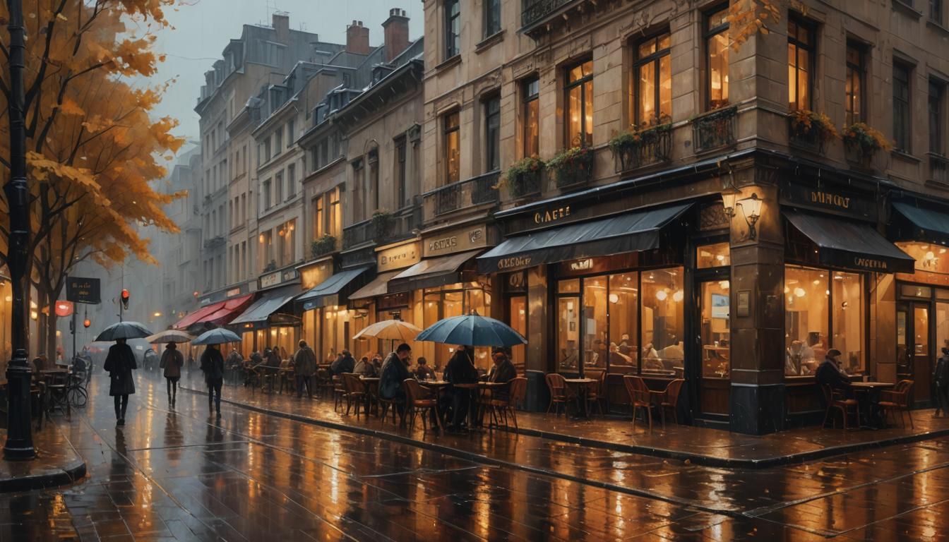 A vibrant, cinematic oil painting depicting a cozy urban Eur...