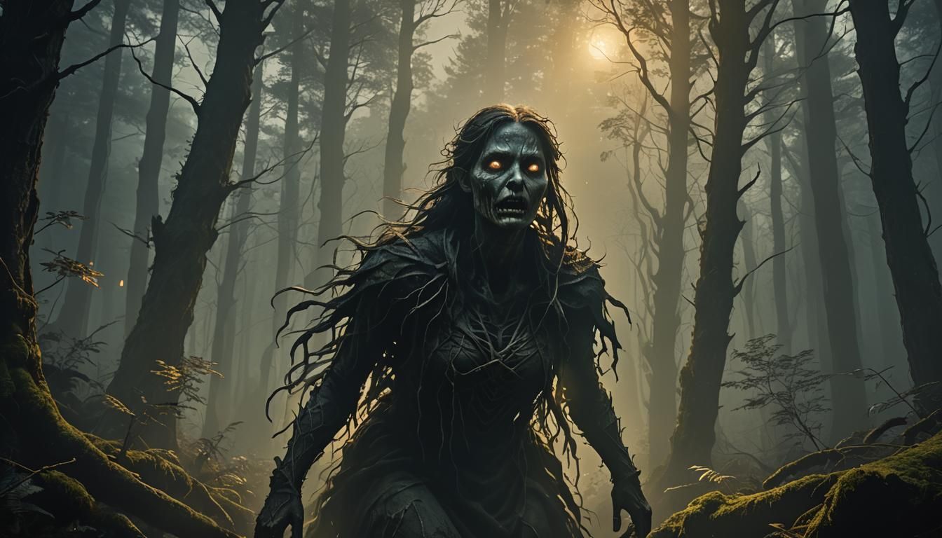 Girl with Ghostly Essence in Mountain Forest