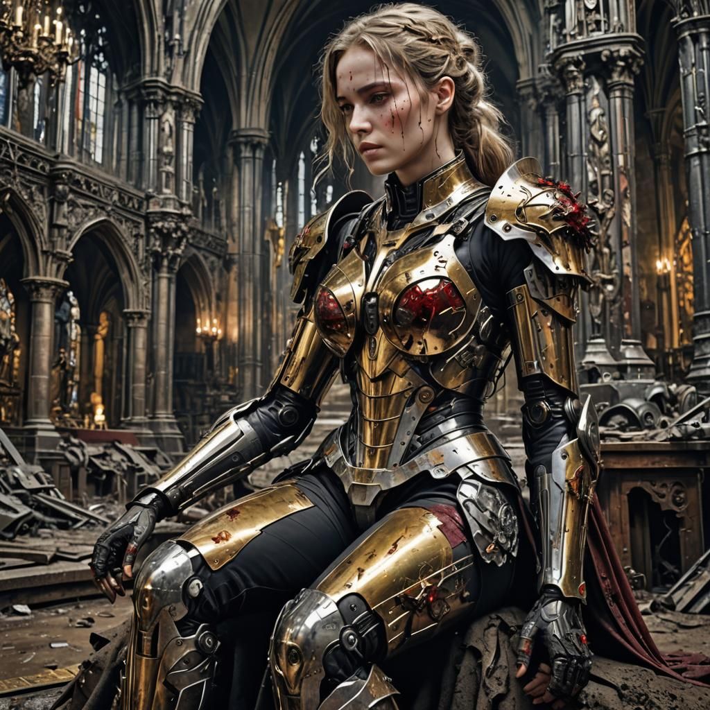 Sad Cyborg Woman in Gothic Church after Battle
