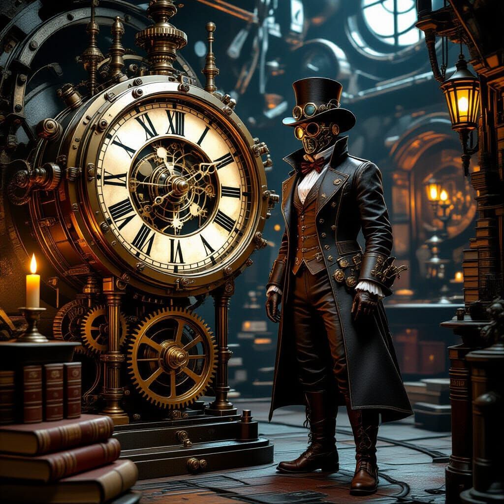 Steampunk Time Traveler with Clockwork Time Machine