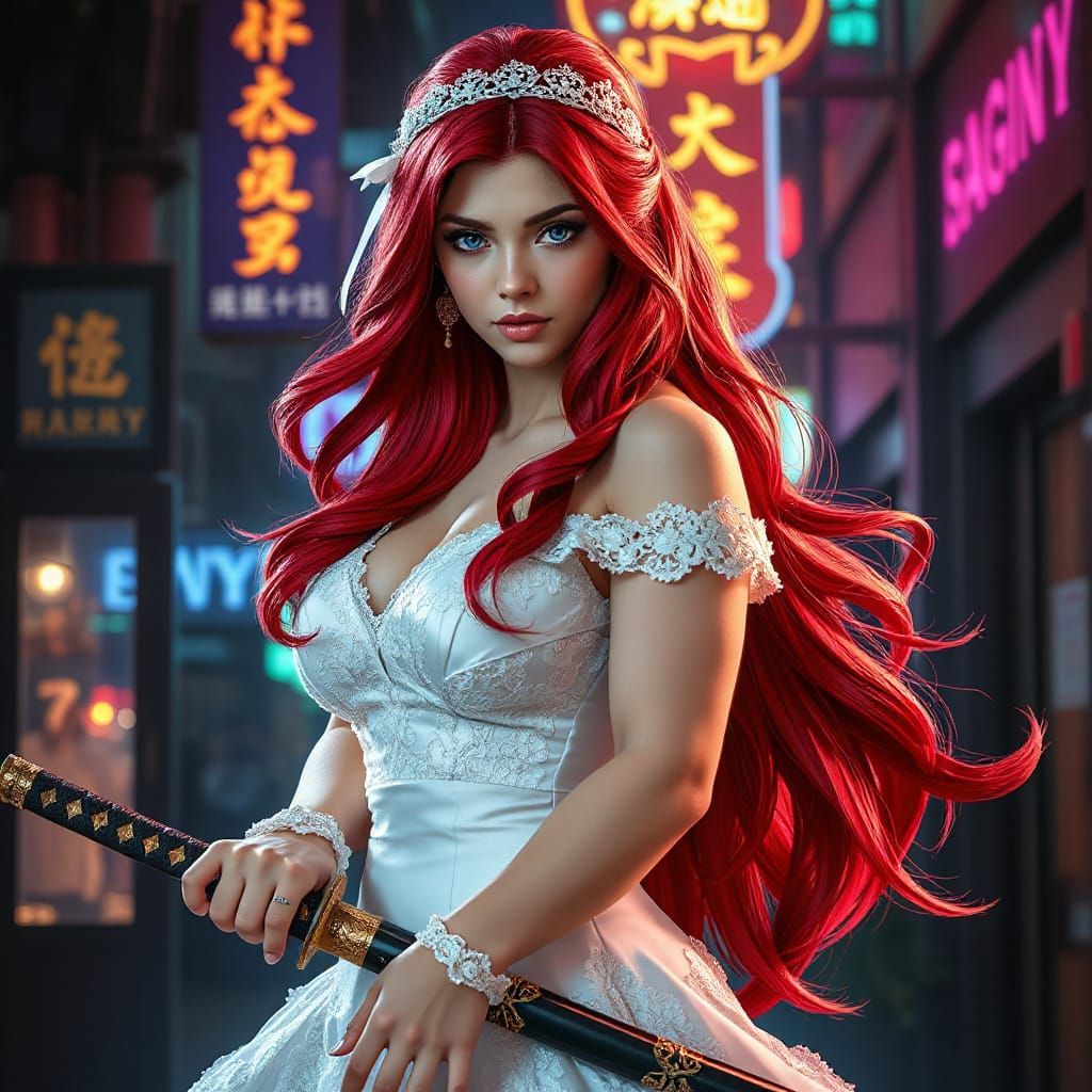 Redhead Princess Warrior in Neon Cityscape
