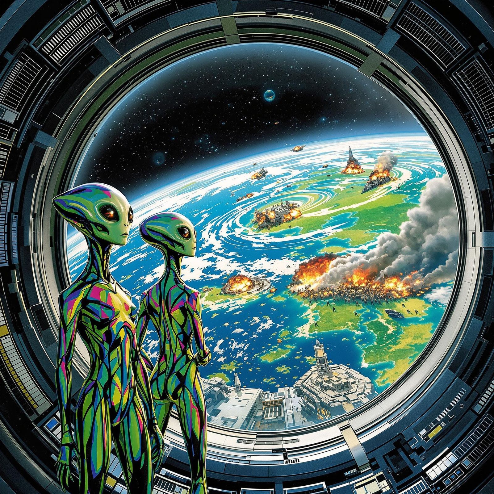 Alien Invasion Observers Gaze Down at Chaotic Earth