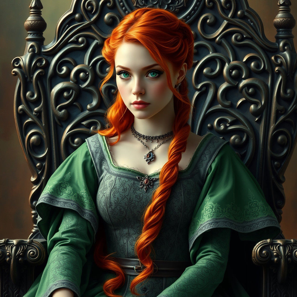 Medieval Queen on Iron Throne, Hyperrealistic Art