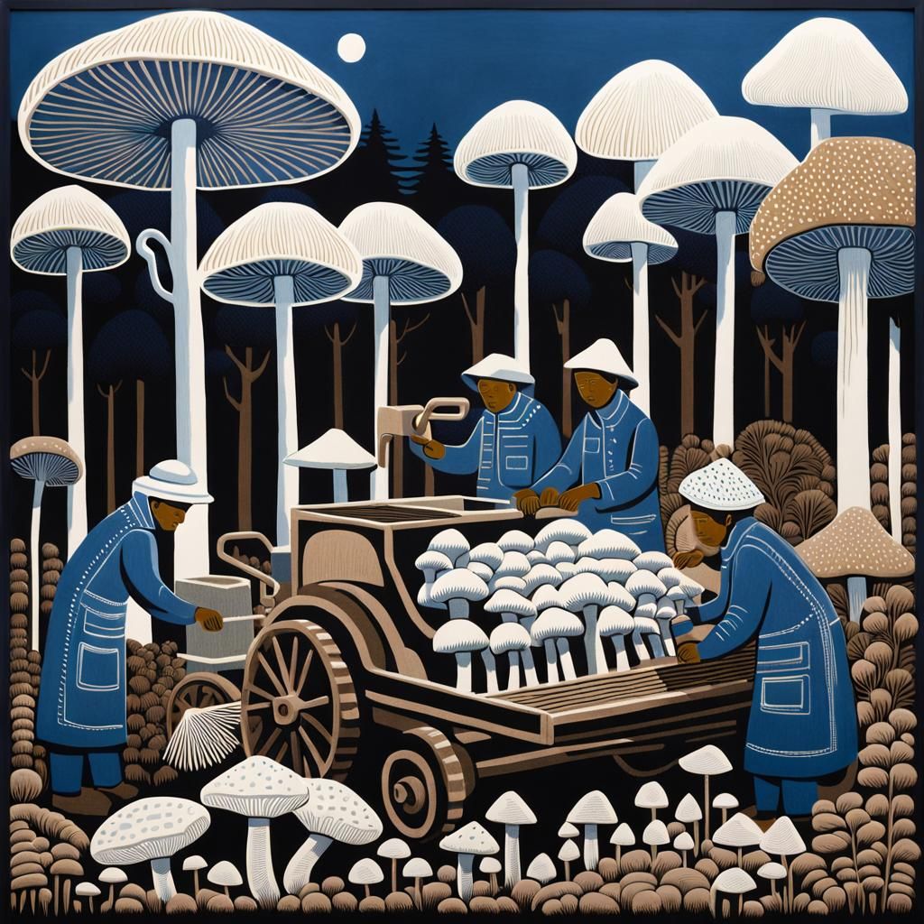 Indonesian Porcelain Workers Tending Mushrooms as Naive Folk...