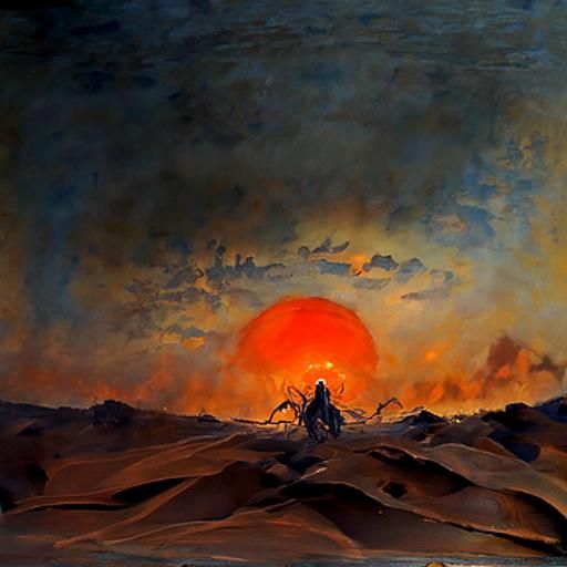 Desert Sunrise Horror Watercolor: Dark Etching Style