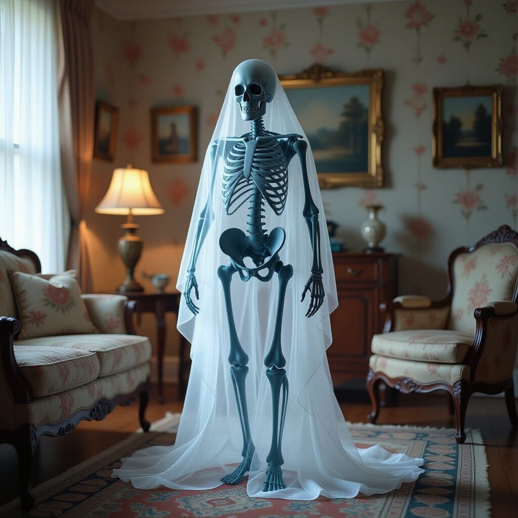 A photograph depicting "a transparent ghost in x-ray style" ...