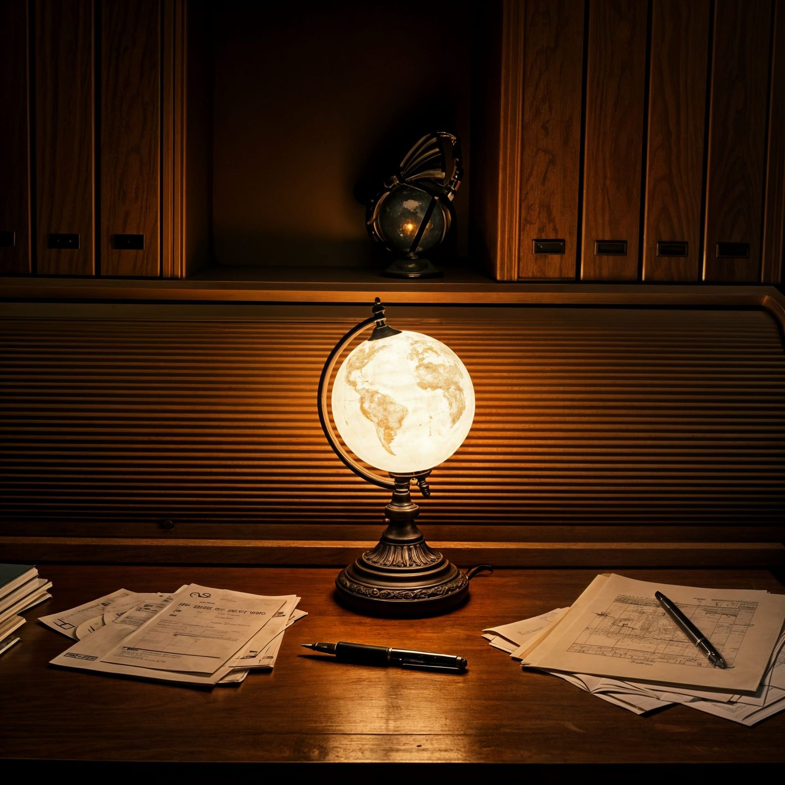Moon Globe Lamp on Cherry Wood Desk