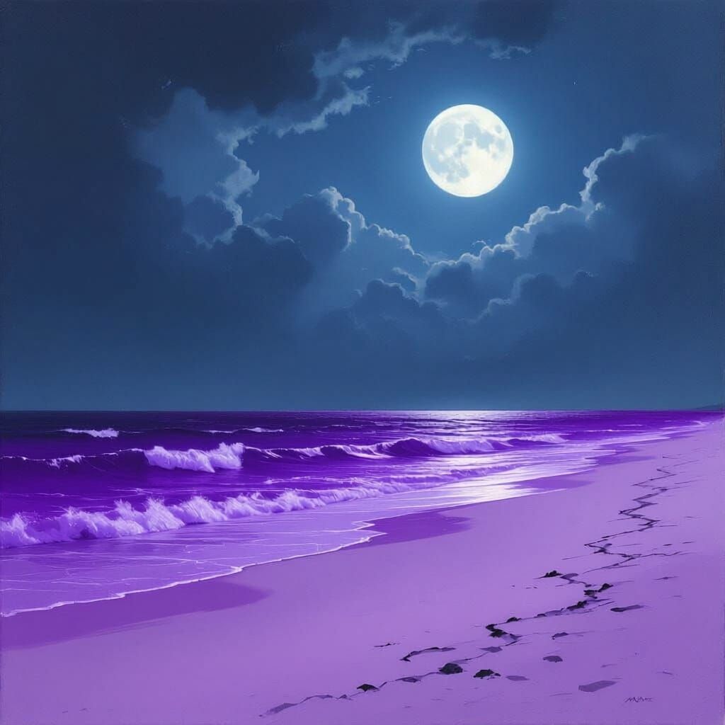 Stormy Purple Ocean Under Full Moon