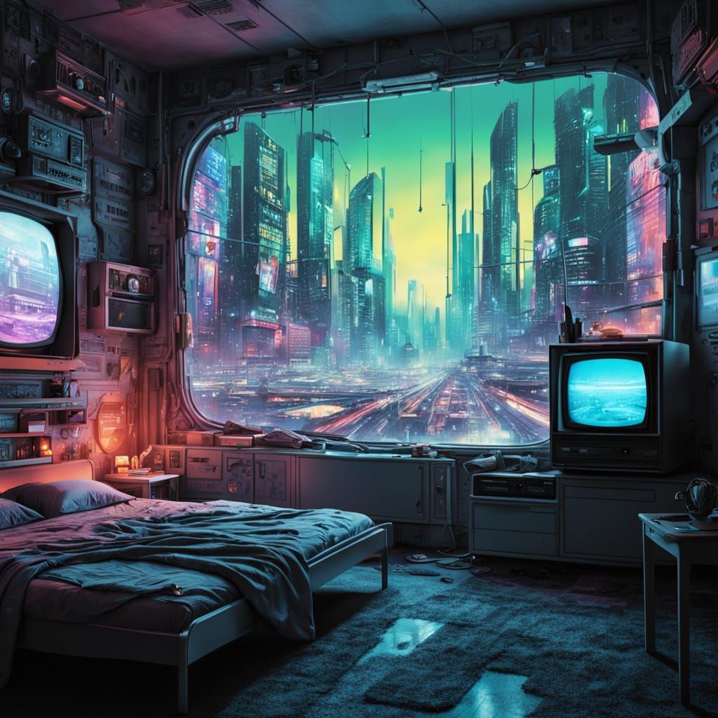 1980s Bedroom Meets Futuristic Cityscape