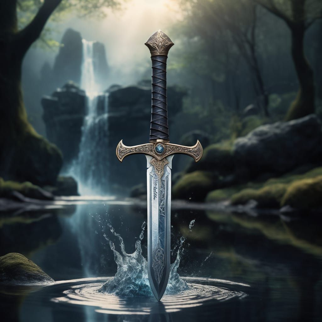 Sword Emerging from Mystical Lake in a Fantasy Setting