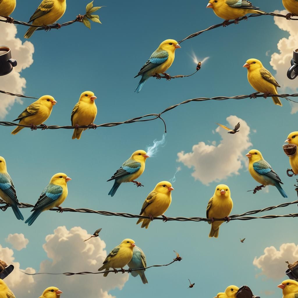 Vibrant Canaries Enjoy Coffee Together in a Fantasy Landscap...