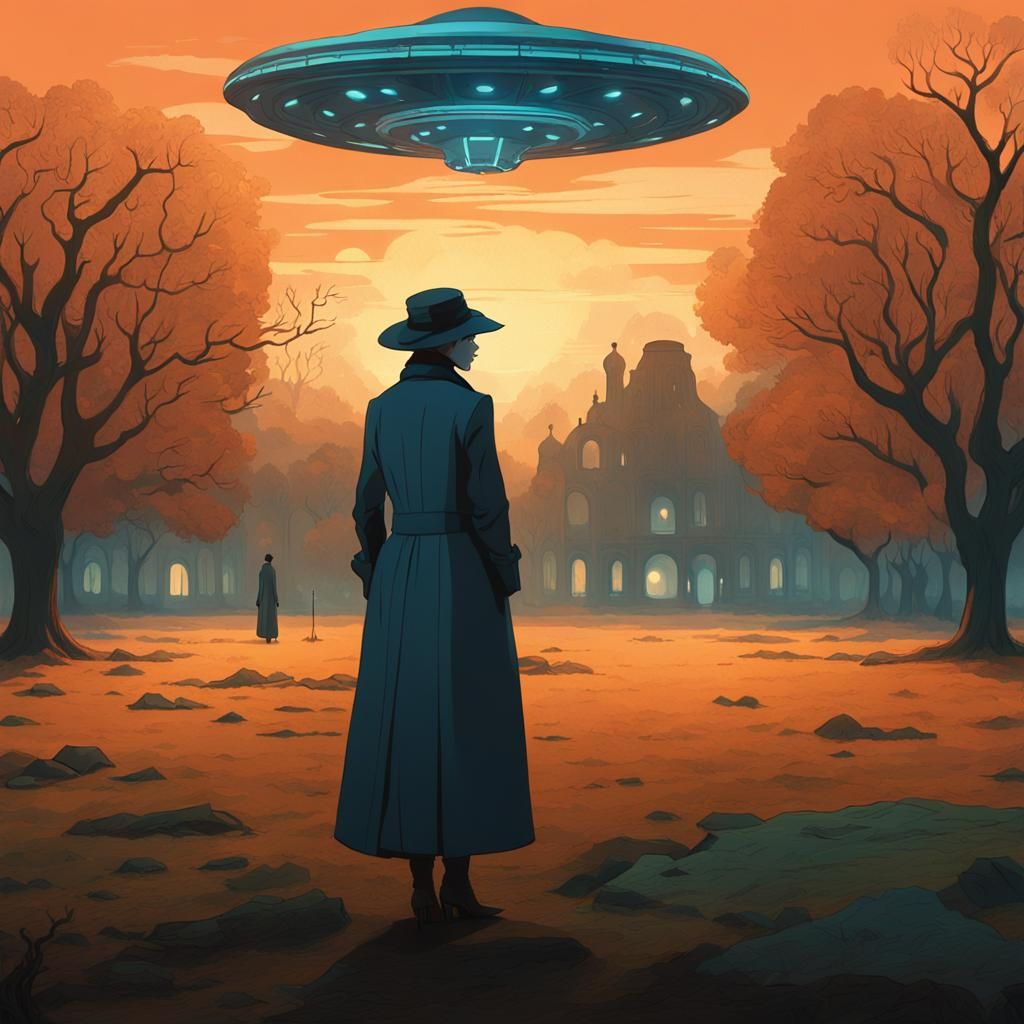 Woman and UFO in Art Nouveau Style