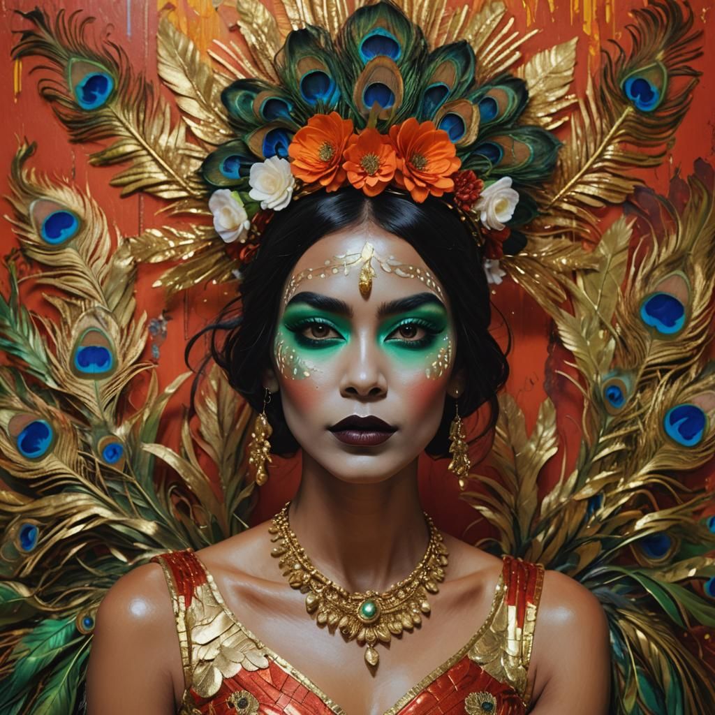 Golden Woman with Peacock Feathers in Oil Painting