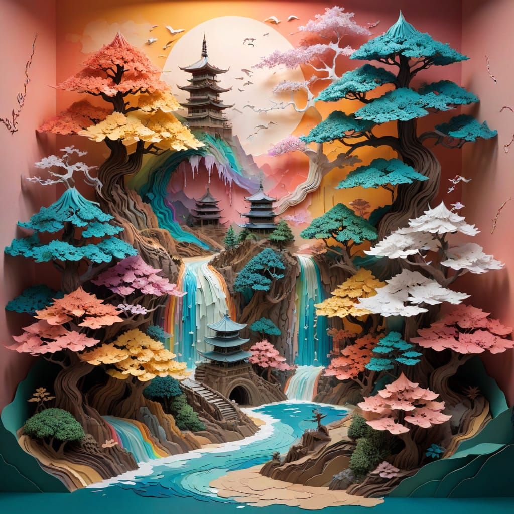 Surreal Paper Zen Landscape with Dragon and Pagoda