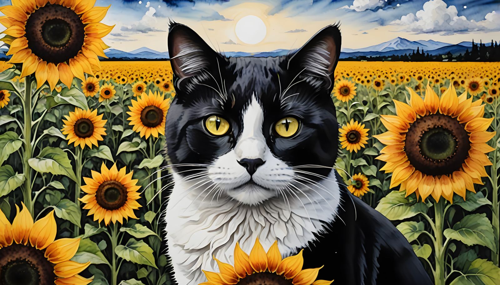 Cat in Sunflower Field with Alcohol Ink