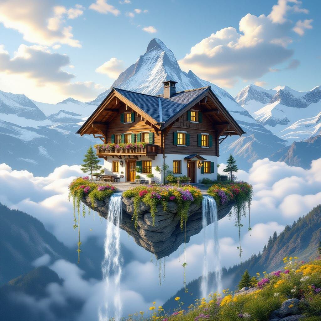 Floating Swiss Chalet in Dreamlike Cloudscape Above Alps