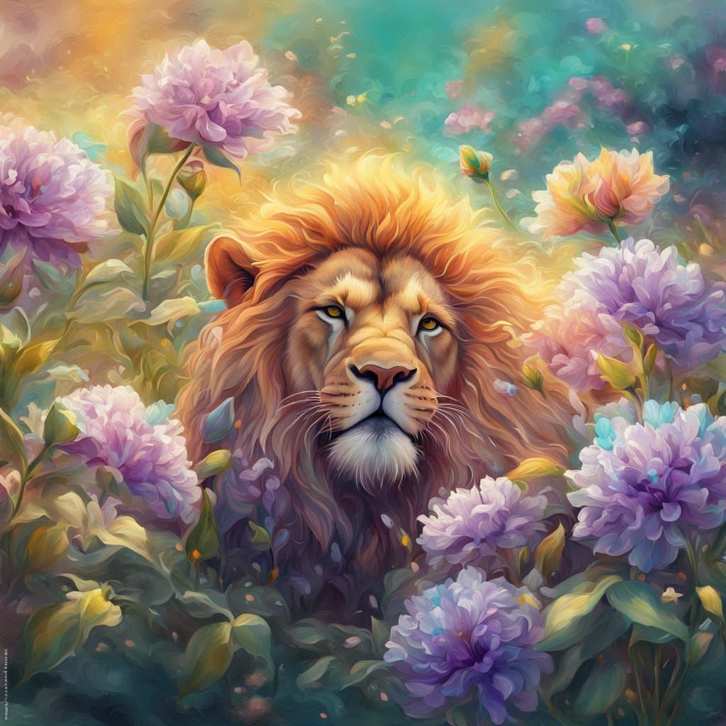 Lion's Mouth Surrounded by Turquoise and Lilac Flowers