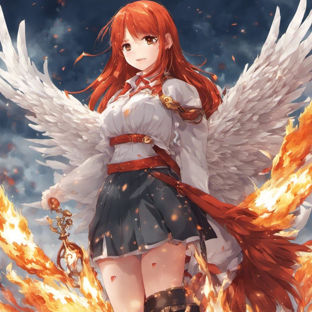 Redhead Girl with Phoenix in Anime Style