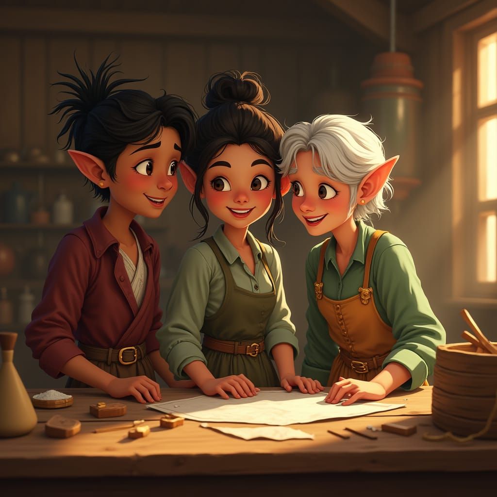 Realistic Northern Realm Elves in Cozy Workshop Scene