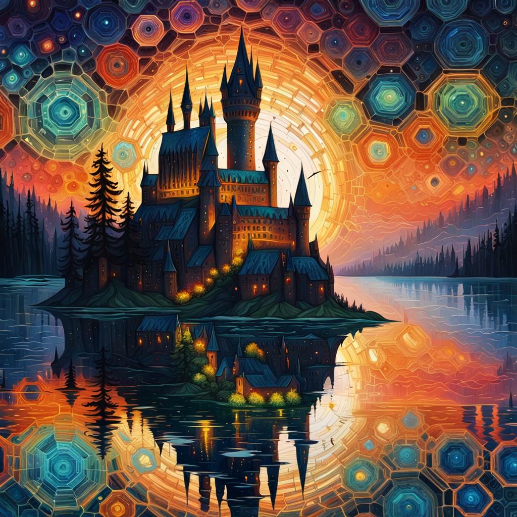 Hogwarts Castle on Cliff: Iridescent Ink and Sunset