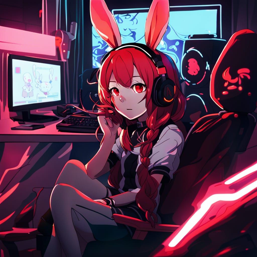 Red-Haired Anime Gamer in Neon Room