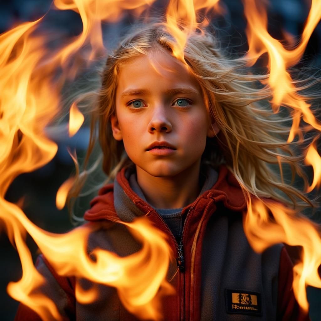 Fiery Portrait of a Girl with Telekinetic Powers