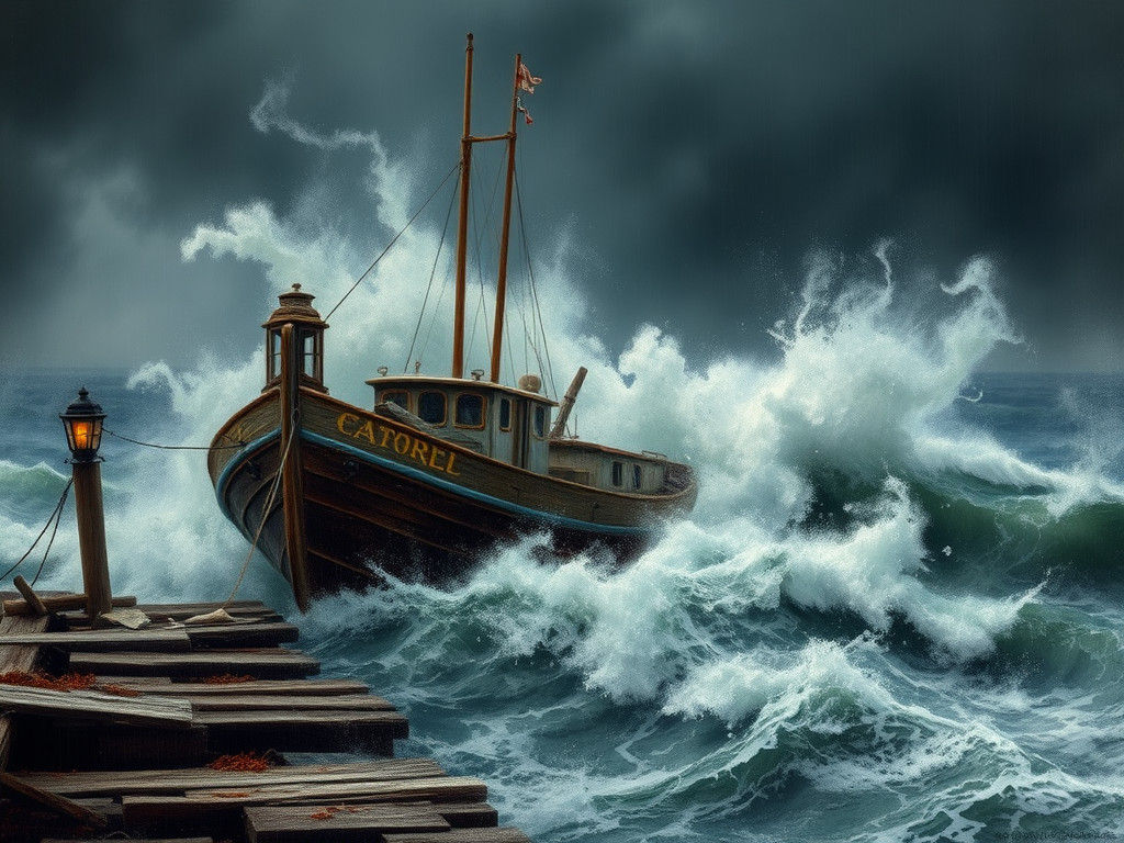 Fishing Boat in Storm, Classic Marine Painting Style