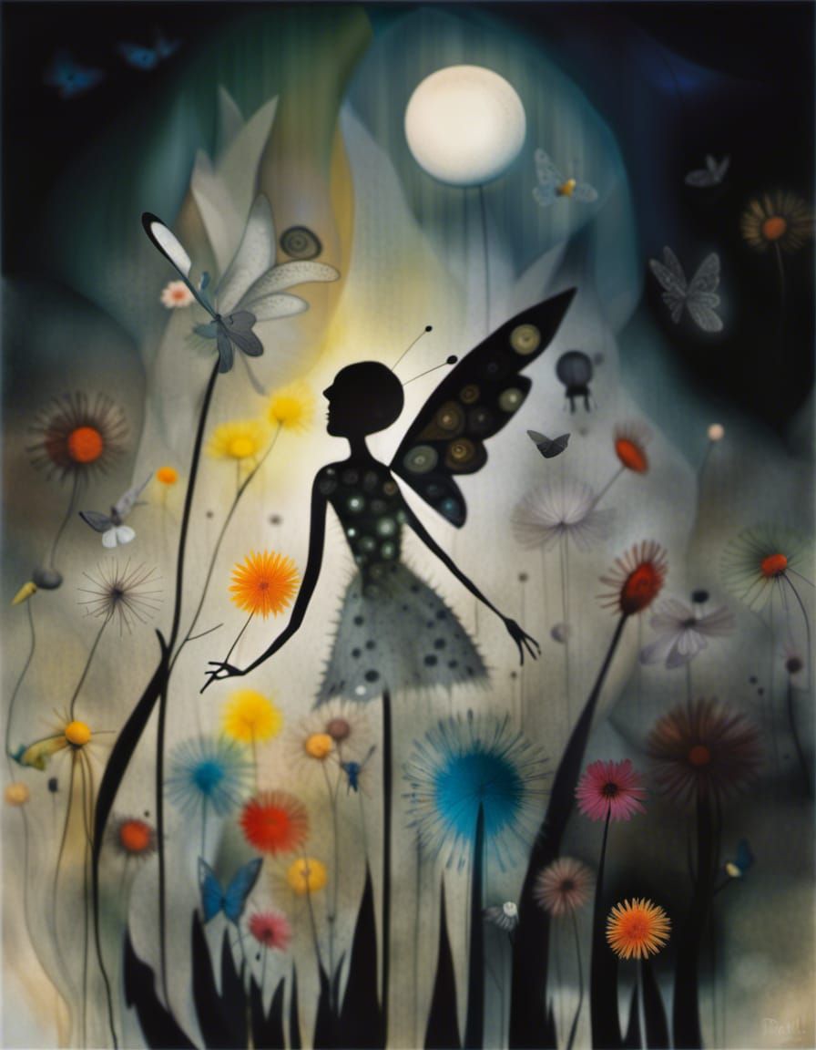Winged Fairies in Dandelion Dreamscape, Abstract Art
