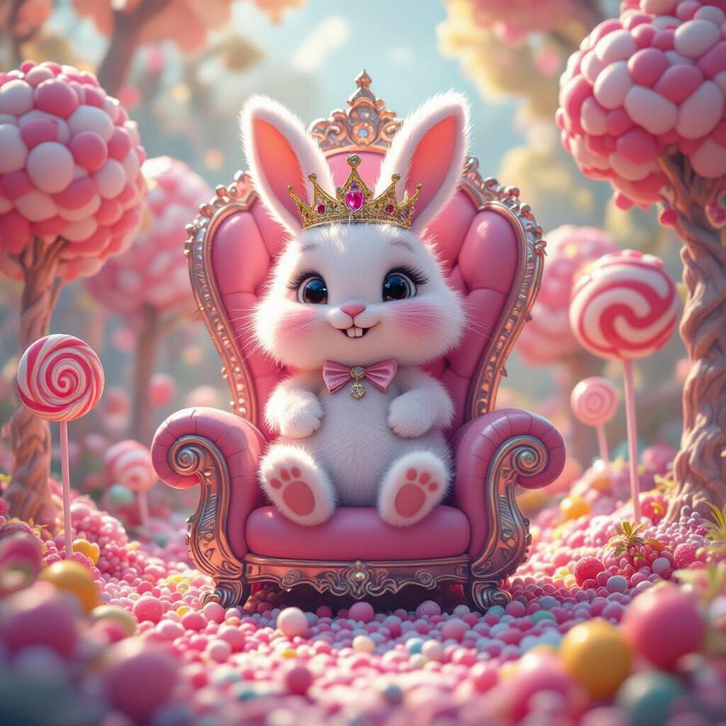 Pink Bunny on Mushroom Throne in Candy Forest