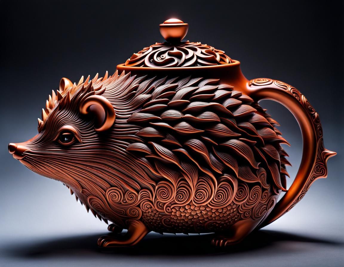 Elaborate Terracotta Hedgehog Teapot with Iridescent Glow
