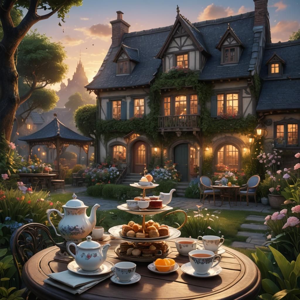 Peaceful Evening Tea Scene in Enchanted Garden