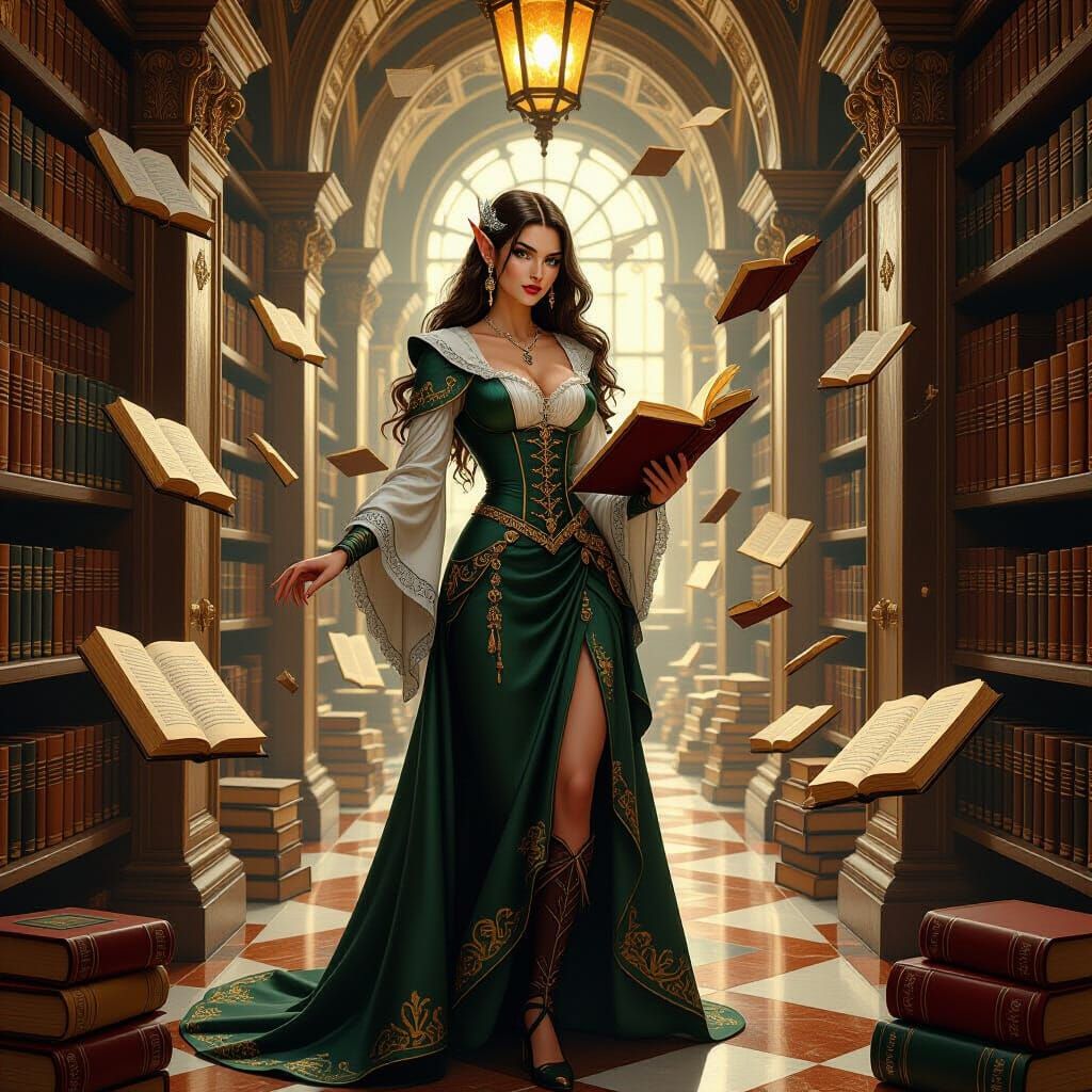 Elven Librarian in Floating Tome Library
