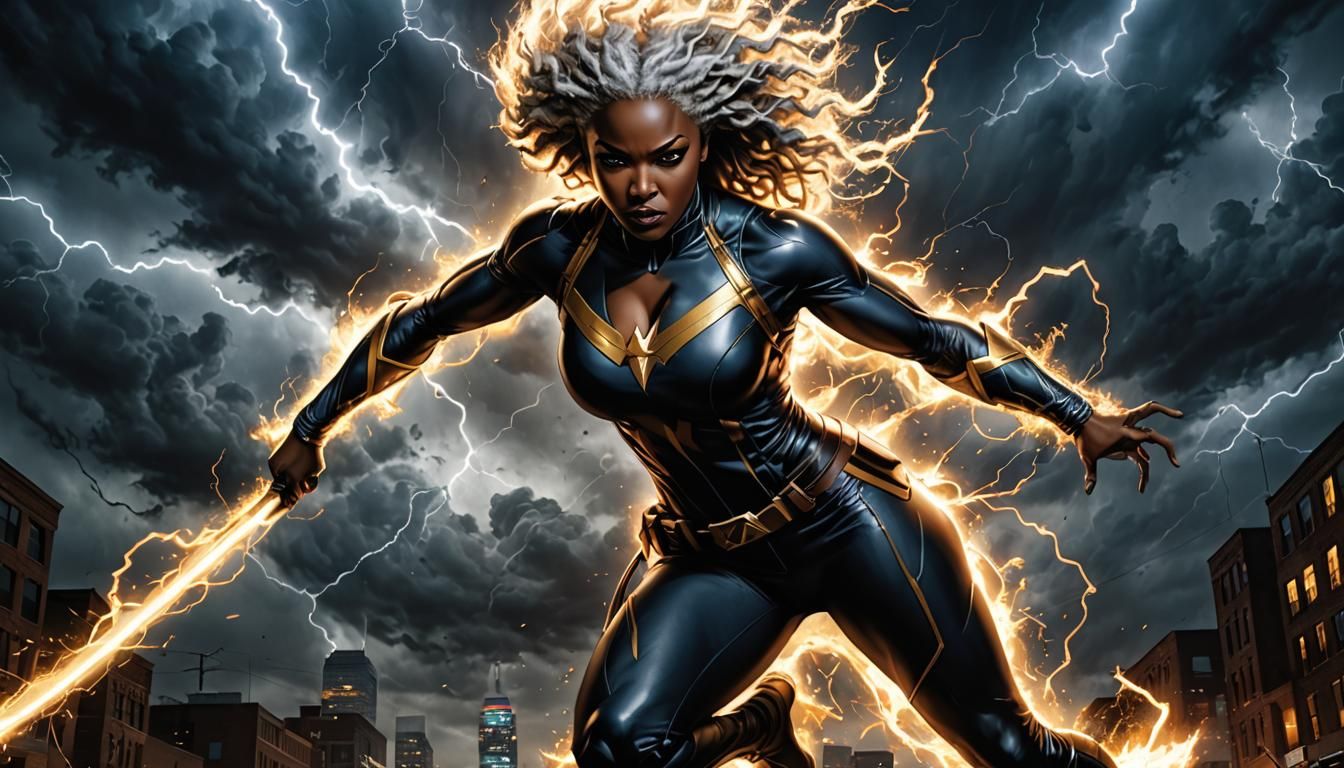 X-Men Storm Wielding Lightning in Urban Art Style