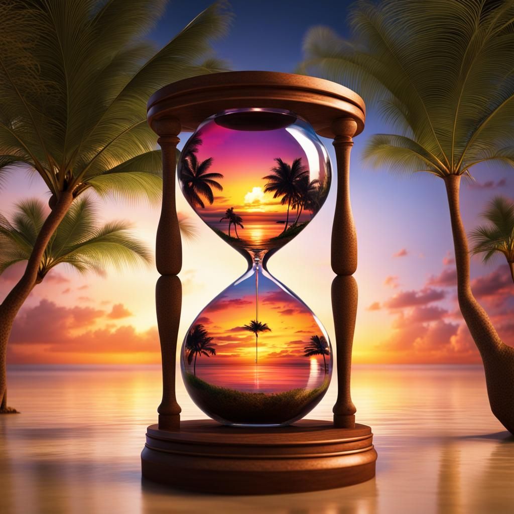 Tropical Island Sunset Through Hourglass: Digital Masterpiec...