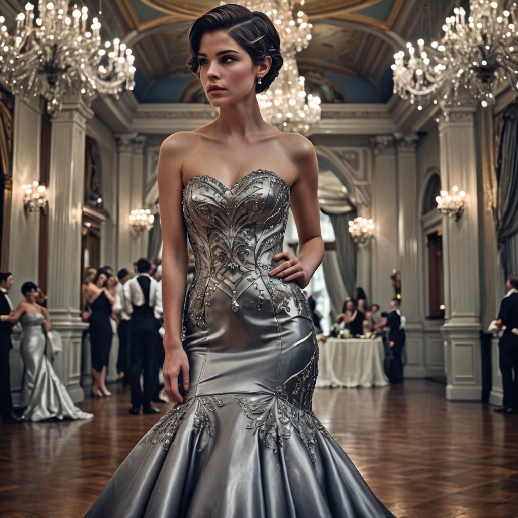 Woman in Liquid Silver Dress, Hyperrealistic Rendering