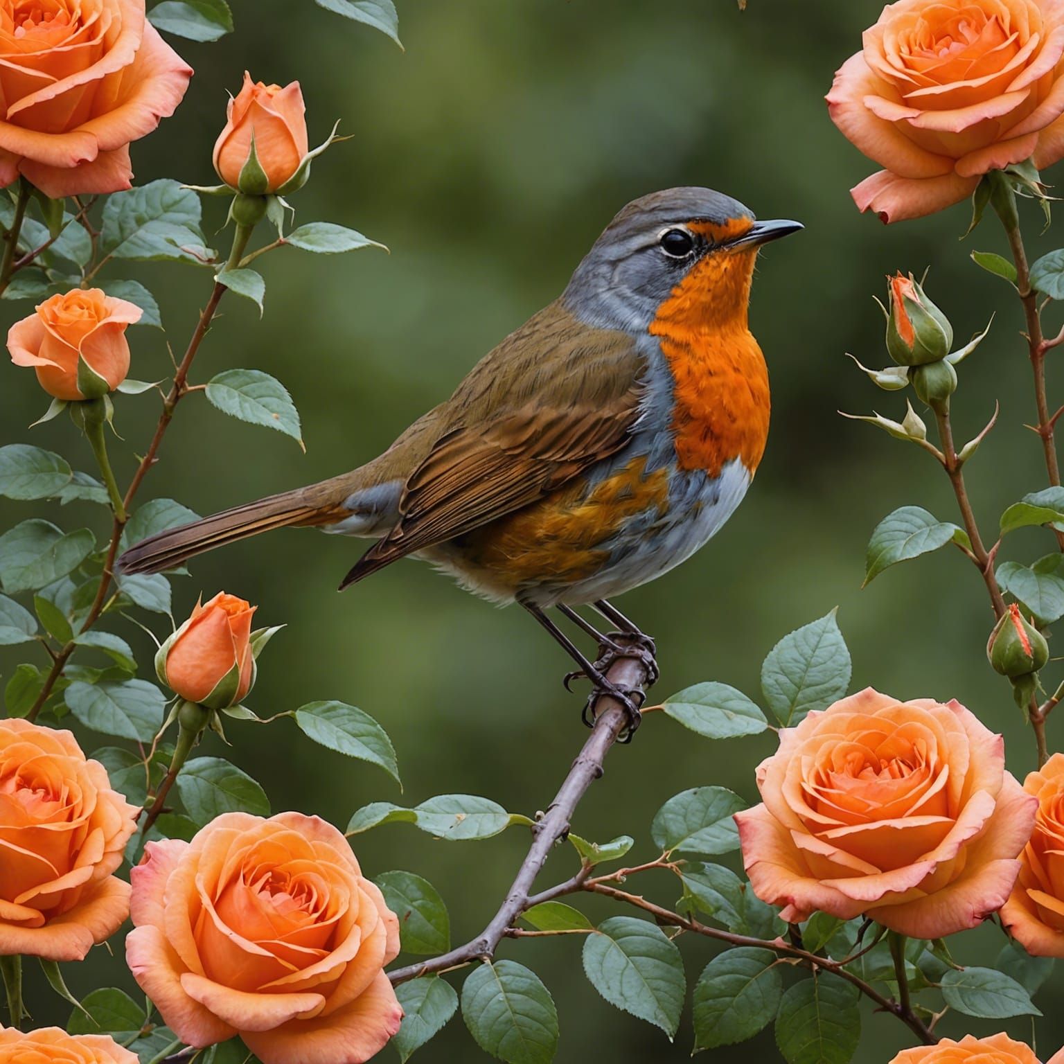 Robin Among Orange Roses in Bloom