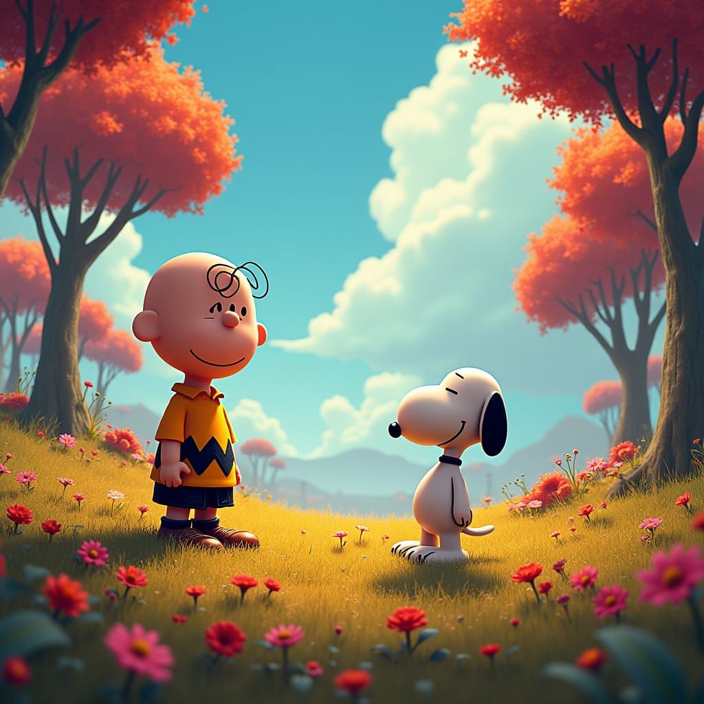 Peanuts Gang in Dreamlike Fantasy Landscape